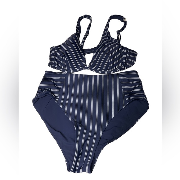 Athleta Piha navy white French stripe underwire bikini top sz 38 B/C bottom sz M - Picture 6 of 16